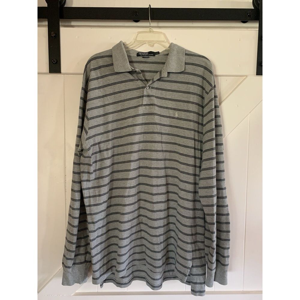 Polo Ralph Lauren Gray Striped Long‎ Sleeve Polo Shirt Men's XL Cotton